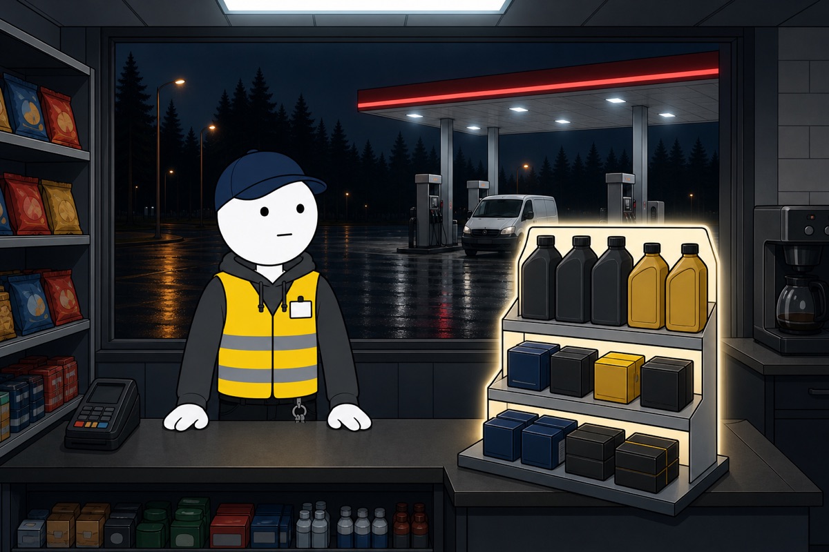 Un présentoir de produits mis en valeur dans la boutique de la station.
