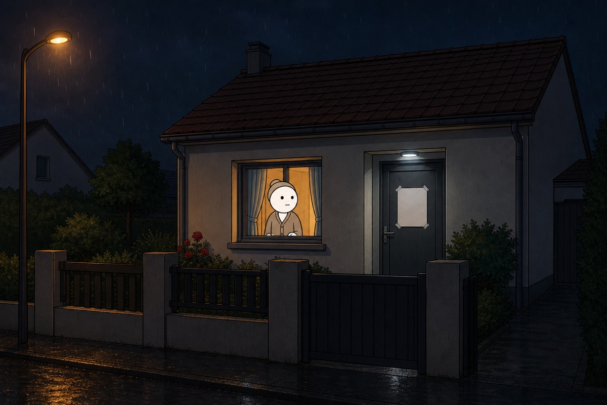 Une petite maison la nuit, une femme inquiète à la fenêtre, un avis collé sur la porte.