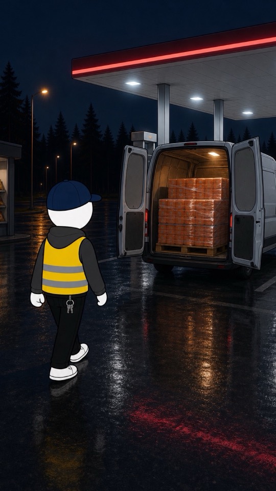 Un caissier en gilet jaune marche vers un fourgon blanc aux portes ouvertes, la nuit, dans une station-service.